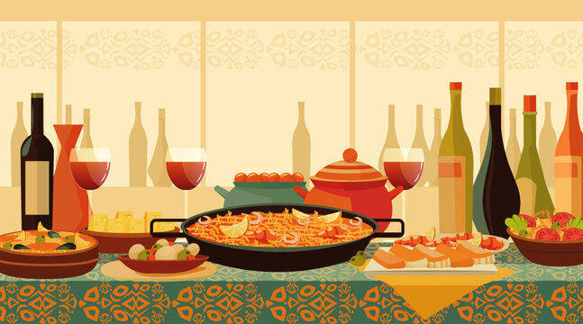 Spanish cuisine traditional food and wine celebration festive table with paella tapas olives cheese salad bottles glasses warm colors restaurant