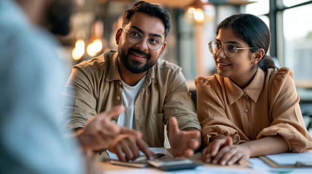 Young married couple making a joint financial decision during a consultation, man and woman seated side by side and discussing the final choice before nodding in agreement,