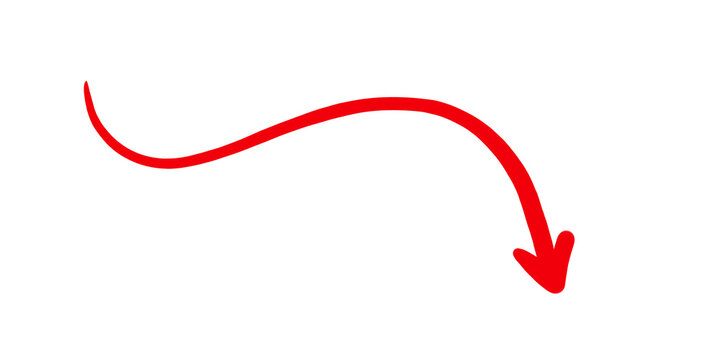 Hand drawn red arrow pointing down. Curved directional sign for web design and marketing.