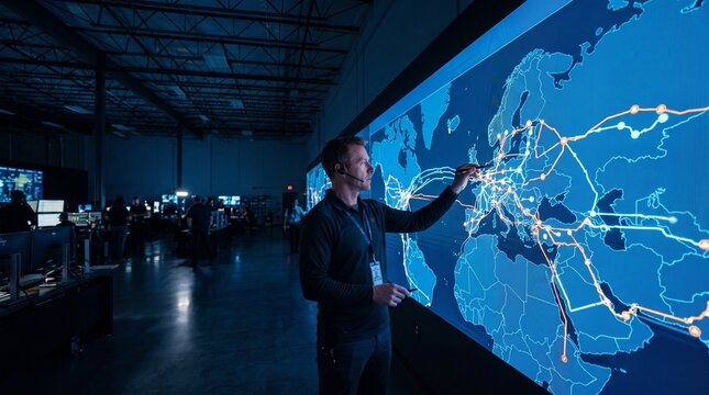 Man in control room points at large digital map displaying global network connections and data flow