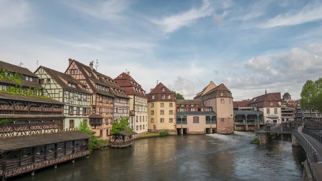 Strasbourg France time lapse city skyline at Ill River with colorful half timber house