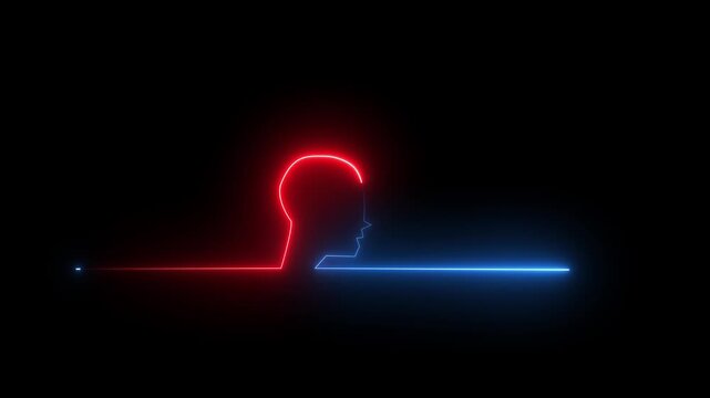 Glowing neon line Human head black background. Neon glowing question.Glowing neon line Head silhouette icon isolated on black background. human head line icon 4K video  animation.