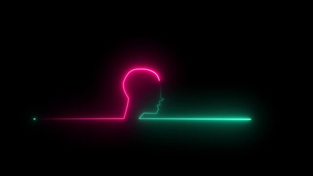 Glowing neon line Human head black background. Neon glowing question.Glowing neon line Head silhouette icon isolated on black background. human head line icon 4K video  animation.