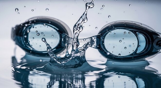 Swimming goggles splashing water on reflective surface