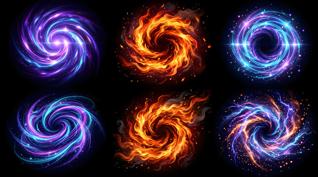 Collection of magical energy portals and cosmic swirls with fire, lightning, and stardust effects