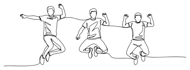Fototapeta premium Happy men jumping together in celebration continuous line art style