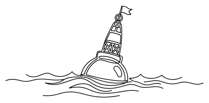 Navigation buoy floating on sea waves with signal flag in continuous line art style