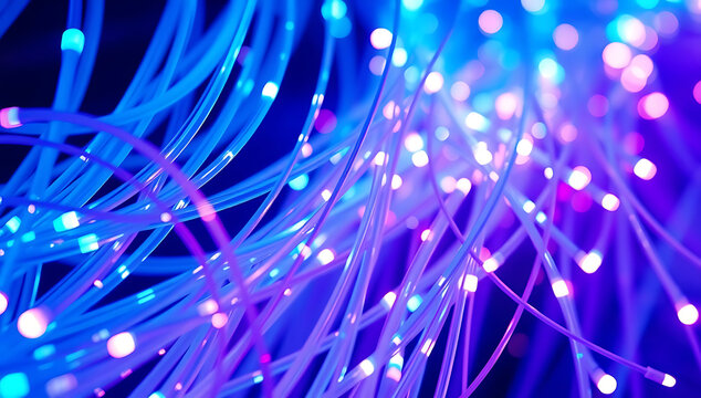 Glowing Purple Fiber Optic Cable Strands Data Transmission Background