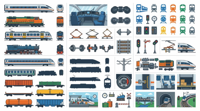 Detailed train types and railway equipment icon set.