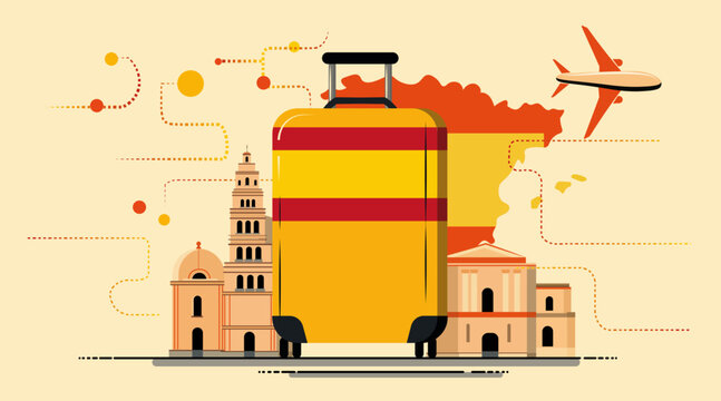 Spanish travel suitcase landmarks airplane map tourism architecture cultural heritage flat design banner