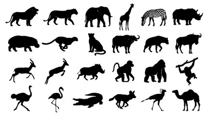 Fototapeta premium African Safari Animal Silhouette Vector Collection with 24 Wildlife Icons