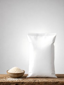 White blank pouch bag mockup with raw white rice grains in ceramic bowl on wooden table depicting food packaging design concept