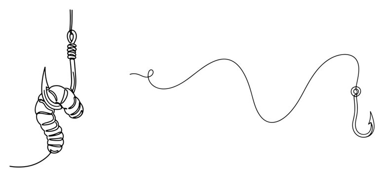 Fishing hook with worm bait and line in minimalist continuous line art style