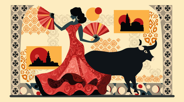 Flamenco dancer bull Spanish culture traditional patterns silhouettes red dress ornate background website banner