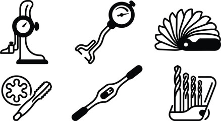 Obraz premium Precision Engineering and Machining Hand Tools Vector Icon Set Featuring Feeler Gauge Height Indicator Dial Bore Gauge Tap Die and Drill Bit Graphic Designs