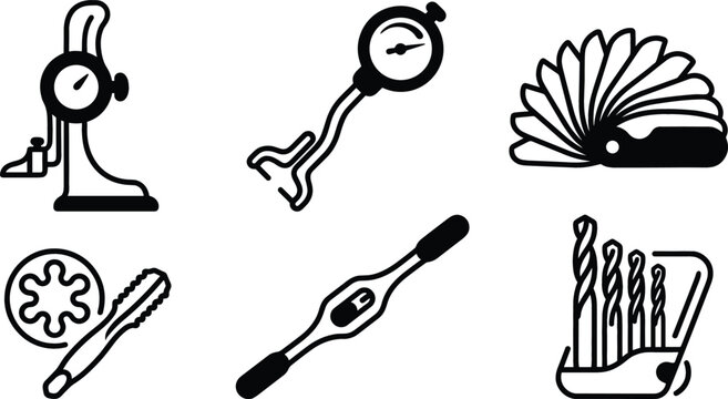 Precision Engineering and Machining Hand Tools Vector Icon Set Featuring Feeler Gauge Height Indicator Dial Bore Gauge Tap Die and Drill Bit Graphic Designs