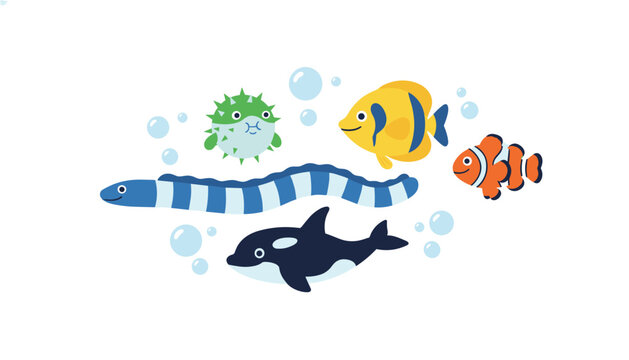 Collection of adorable marine animals including a killer whale, clownfish, pufferfish, yellow fish, and blue eel.