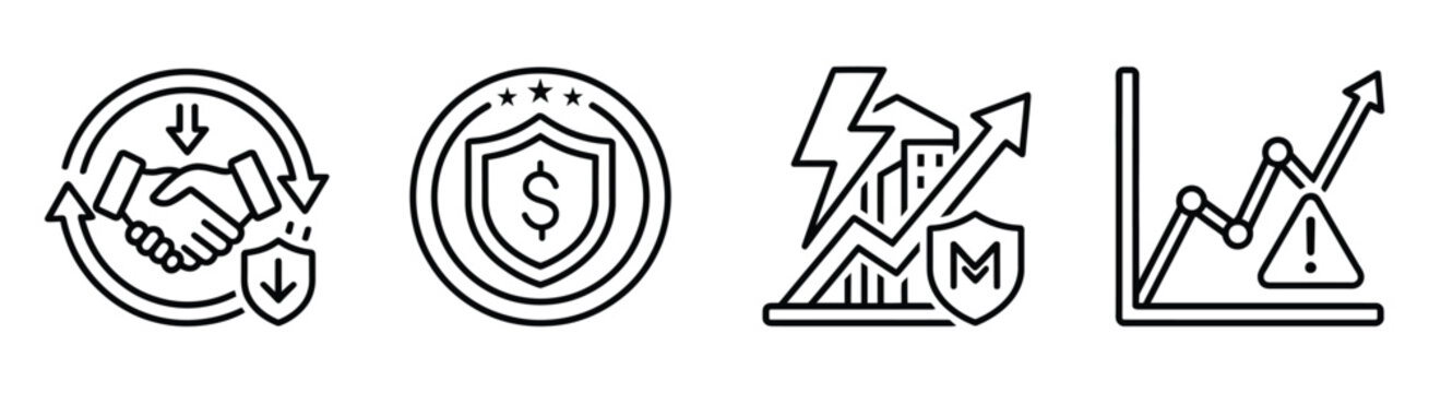 Set of financial security and risk management vector thin line icons. handshake, shield, chart.