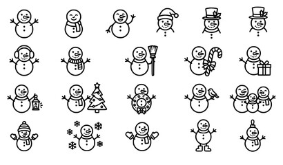 Fototapeta premium Modern Snowman Christmas Outline Vector Icon Set for Winter Holiday Graphics