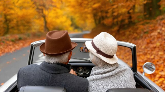 Senior couple enjoying a drive on a narrow road surrounded by autumn leaves in a classic open top car during golden hour