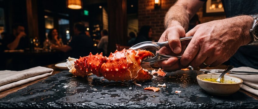 Strong male hands using silver metal cracker to break open large red king crab leg on black slate plate in upscale seafood restaurant