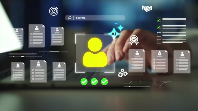 AI recruitment and HR management analysis. Professional evaluates workforce data and automation dashboard for effective hiring. 