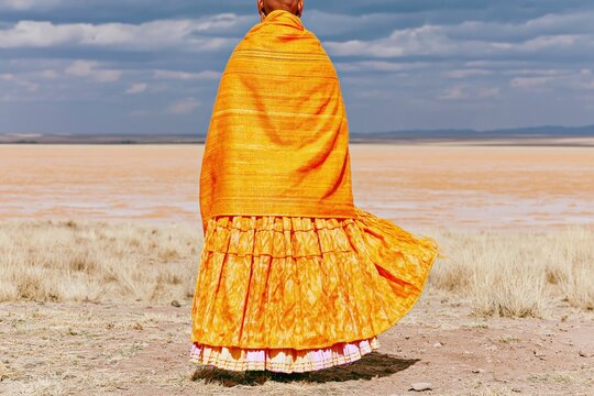 Handwoven Andean shawl and golden petticoat skirt worn by a woman facing a vast highland plateau for South American travel and cultural heritage