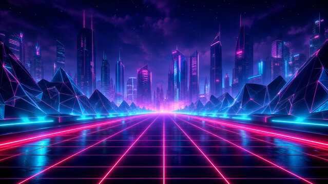 Futuristic cyberpunk city street with glowing neon grid lights and towering skyscrapers at night in digital style