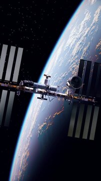 3D animation of a commercial crew spacecraft docking with an orbital space station above Earth. Realistic rendezvous maneuver with detailed spacecraft, solar arrays, and planet views.