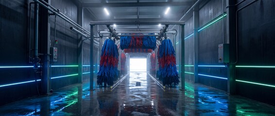 Fototapeta premium Automatic car wash tunnel with colorful spinning brushes and vibrant neon lights creating a dynamic futuristic atmosphere