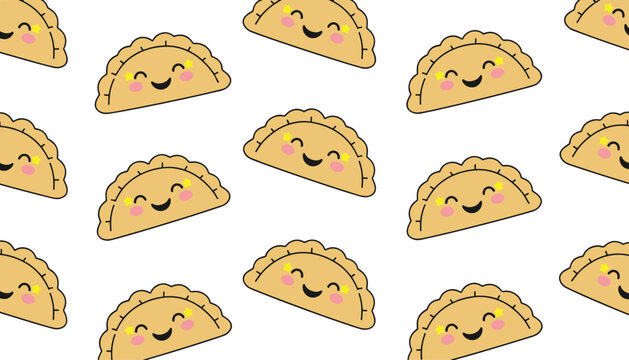 Seamless pattern of cute cartoon empanadas or dumplings with happy smiling faces and rosy cheeks on a plain white background.