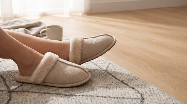 Cozy slippers on a soft rug with a warm ambiance and a cup of coffee nearby