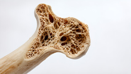 Fototapeta premium Osteoporosis bone cutaway with porous trabecular structure, photorealistic medical education image for healthcare communication, patient awareness, anatomy teaching, and clinical presentation use