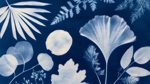Cyanotype print featuring various botanical leaf silhouettes on a deep blue textured paper background