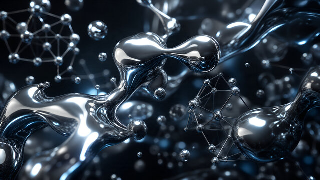 Abstract background featuring flowing liquid silver metal with shiny reflective spheres and complex molecular structure connections