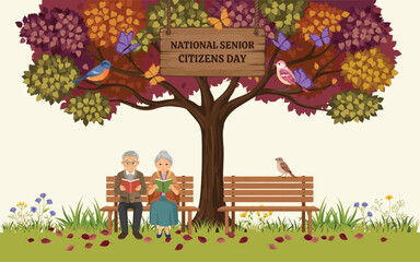 Fototapeta premium National Senior Citizens Day Family Support Concept Featuring Grandparents, Child and Caregiver Flat Illustration