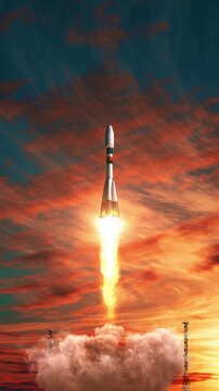 3D animation of an orbital launch vehicle lifting off at sunrise. Powerful rocket engines, dramatic exhaust plume, and colorful morning sky create a realistic space launch scene.