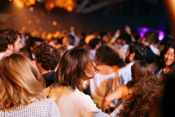 Fototapeta premium Lively crowd of people mingling in a dim nightlife venue with warm direct-flash lighting and indigo tones for social event and party editorials