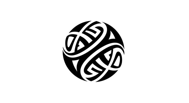 Black and white abstract globe with swirling lines with plain white background intricate swirling stylized black minimalist graphic pattern with symbol