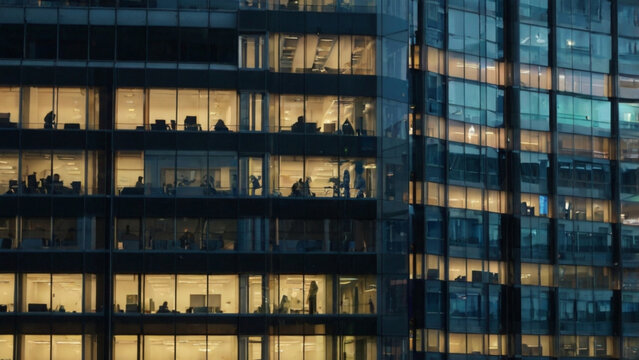 Close up view of modern office building glass facade with people working late real estate building