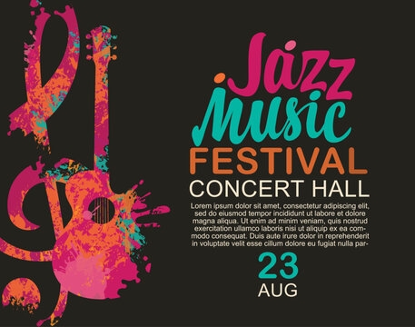 Vector logo an poster for a jazz music with guitar, treble clef and colored  inscription. Suitable for flyer, invitation, poster, cover, icon, music school, advertising, festival.