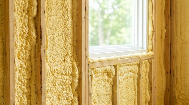 Polyurea spraying applied as foam coating insulation on a house wall and roof.