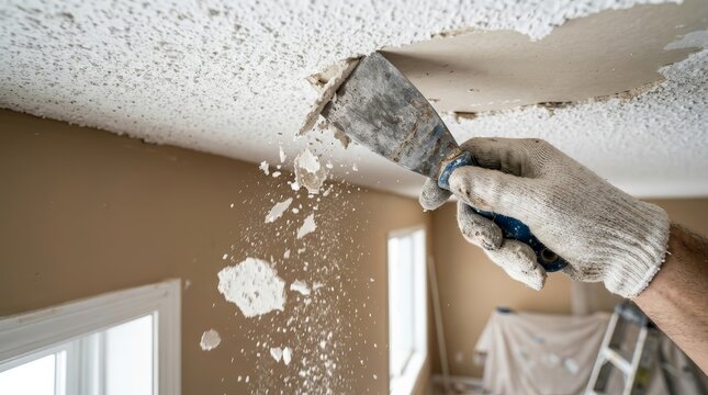 Worker removing old dirty popcorn ceiling texture from a wall background
