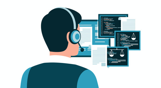 Legal Consultant with Headset Analyzing Digital Documents and Law Screens Vector Illustration