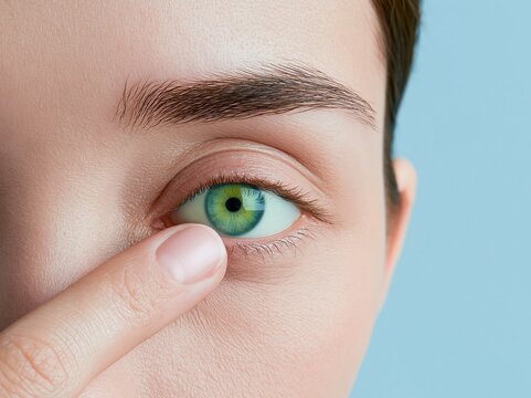 Close up of a human eye with yellow sclera and touch on skin, highlighting medical symptoms, jaundice, and clinical health awareness
