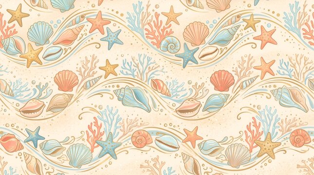 Seashells and starfish seamless pattern with ocean waves on sandy background