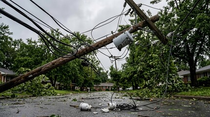 Obraz premium Storm damaged electric transformer and utility pole with downed wires
