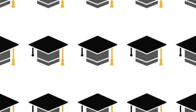 Seamless pattern of black academic graduation caps with gold tassels over a plain white background in cartoon style.