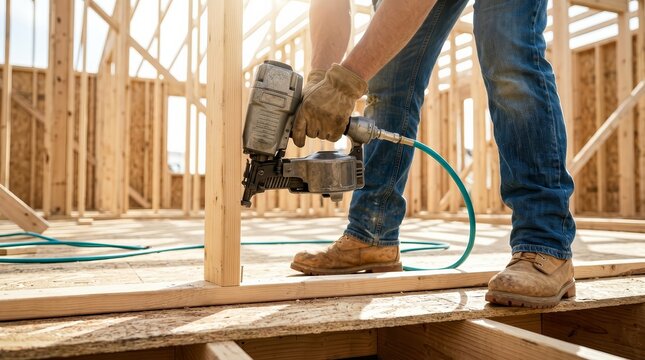 Construction worker using a pneumatic nail gun to frame a new house.