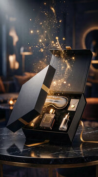 Luxury black gift box opening with sparkling golden light revealing cosmetics and jewelry set on a dark marble table